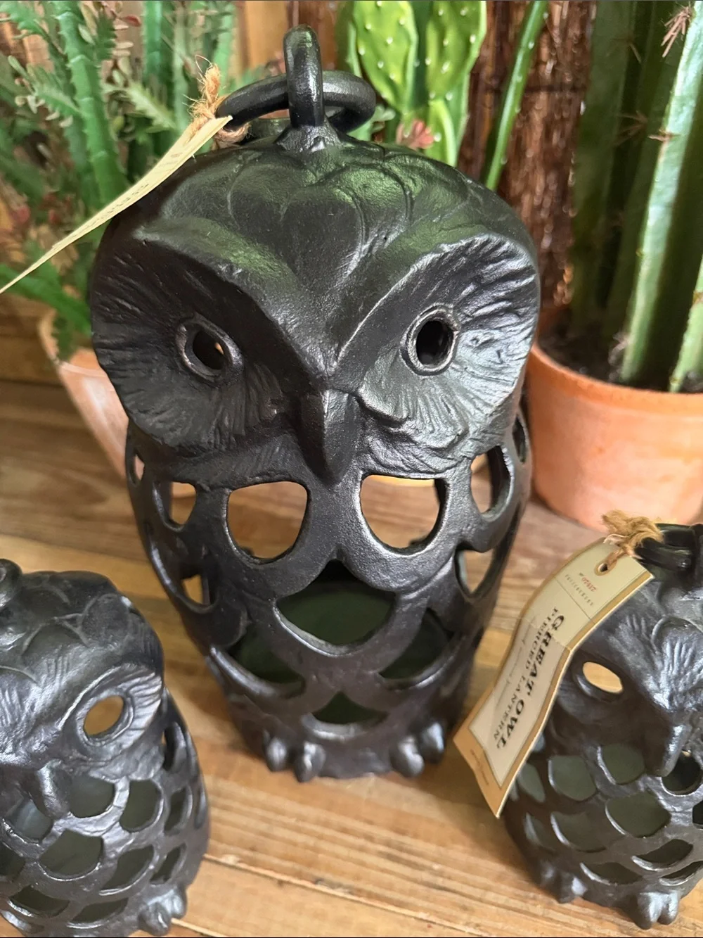 Pottery Barn Black Cast Iron Great  Owl 🦉 Pierced Lantern Trio RARE